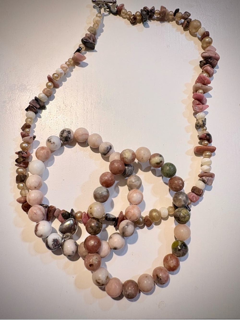Natural Multi-Stone Beaded Necklace and Bracelet Set - Pink Tones
